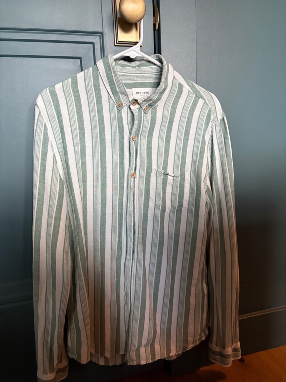 Sezane Men’s Cotton Linen Charlie Shirt - Ecru/Green